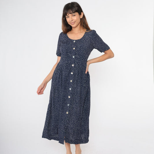 90s Karin Stevens Navy Polka Dot Midi Dress Button Up High Waist Medium 8