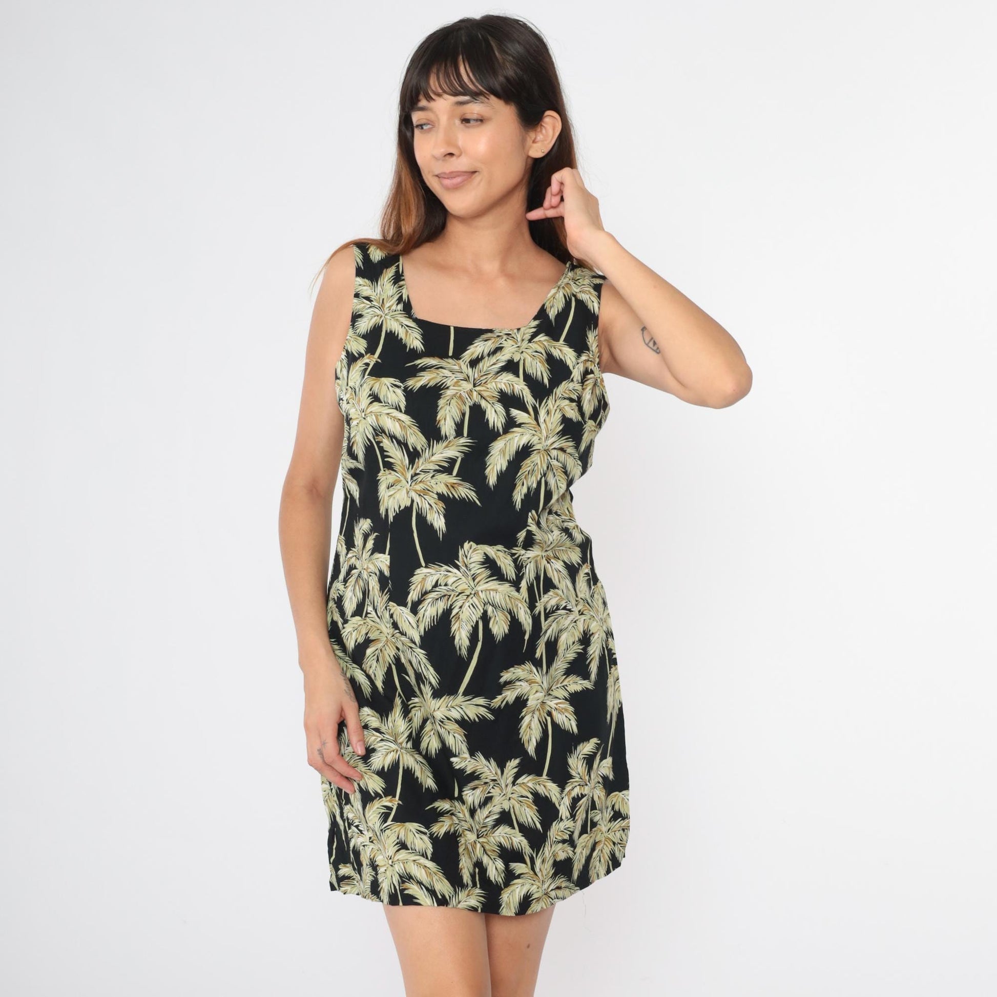 90s Hawaiian Palm Tree Mini Dress Sleeveless Sheath Black Green Medium