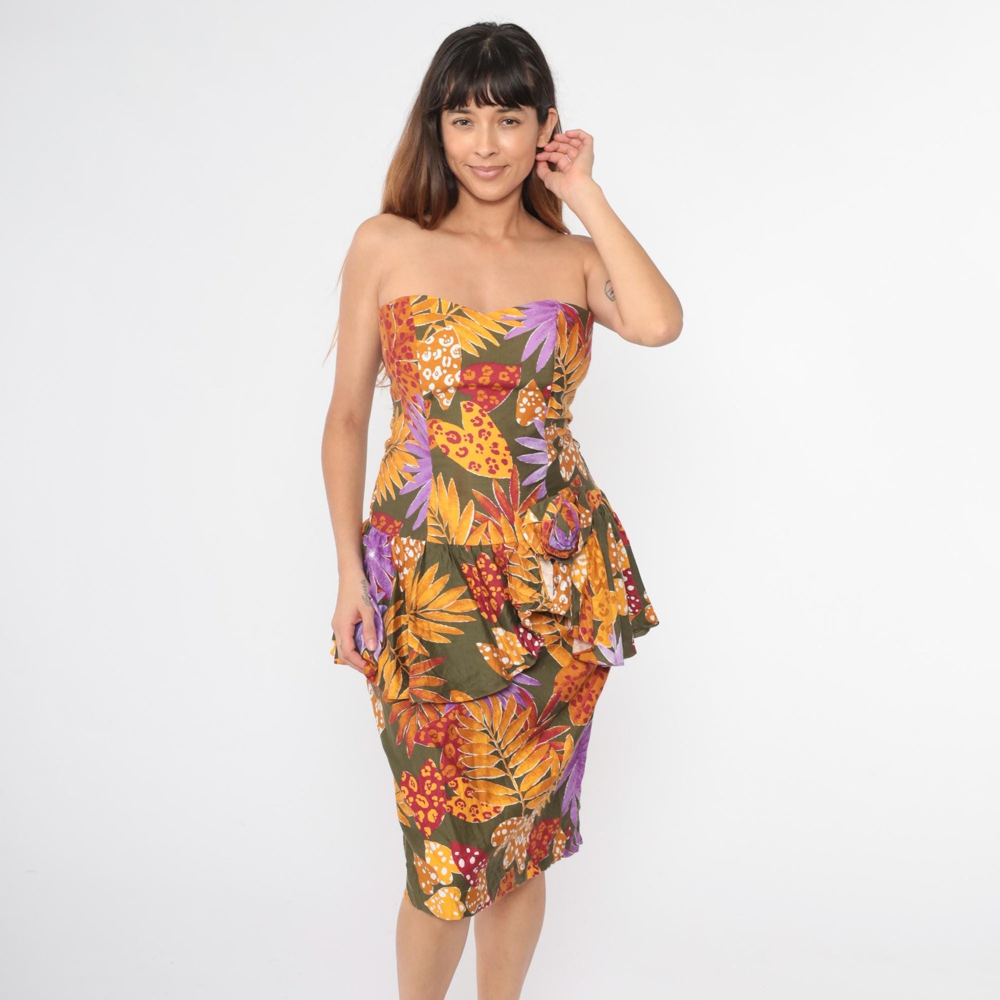80s Tropical Leaf Print Strapless Midi Dress Sweetheart Neckline Peplum Olive Green Small