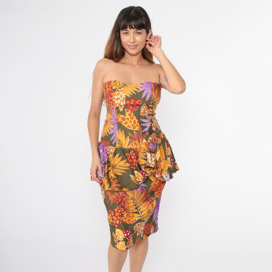 80s Tropical Leaf Print Strapless Midi Dress Sweetheart Neckline Peplum Olive Green Small