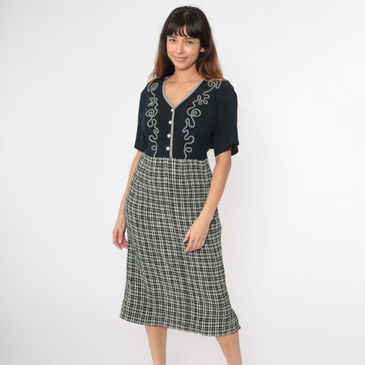 90s Black Plaid Midi Shirtdress High Waist Button Front Soutache Extra Large