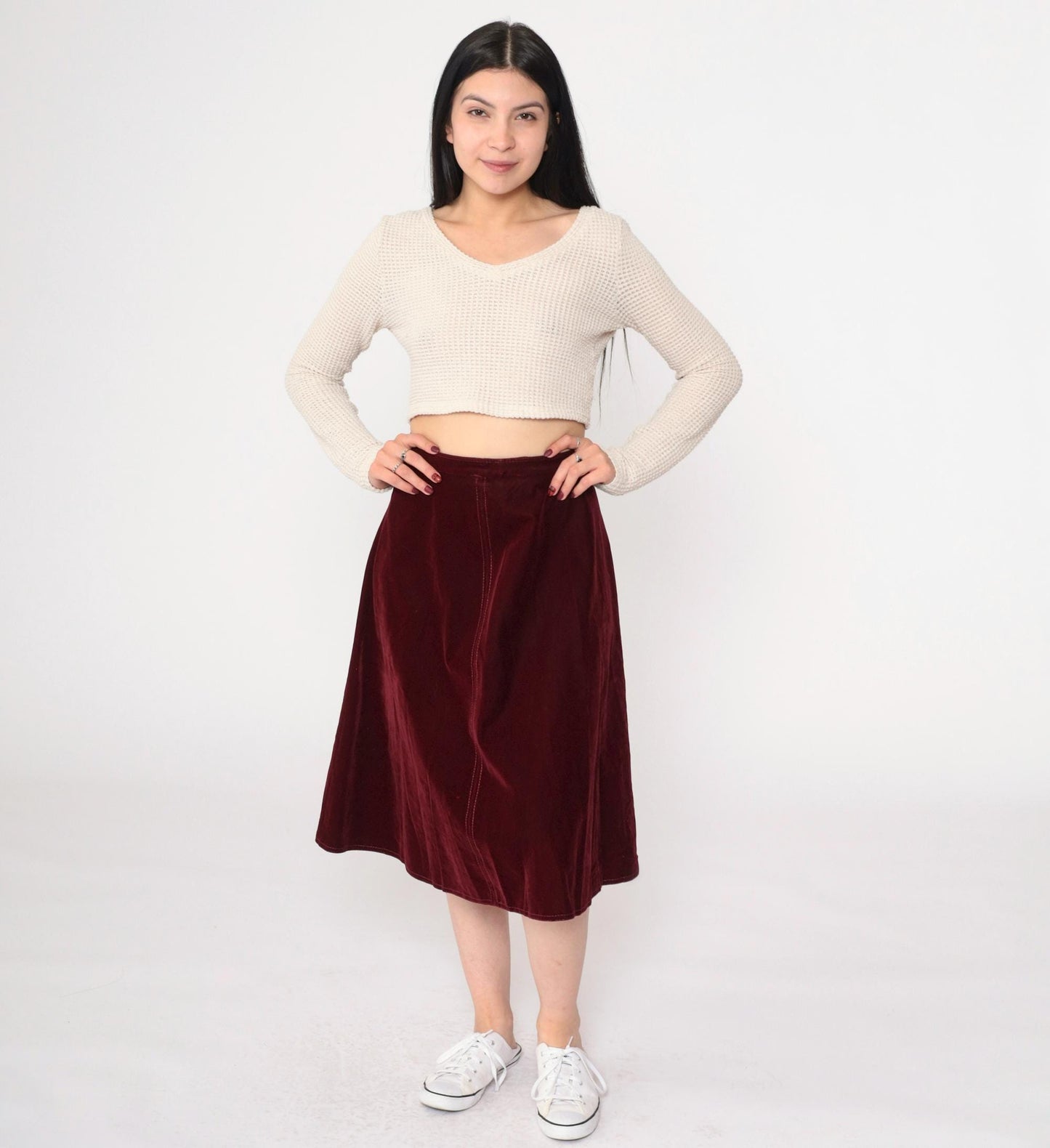 70s Burgundy Velvet Midi Skirt A-Line High Waisted Small