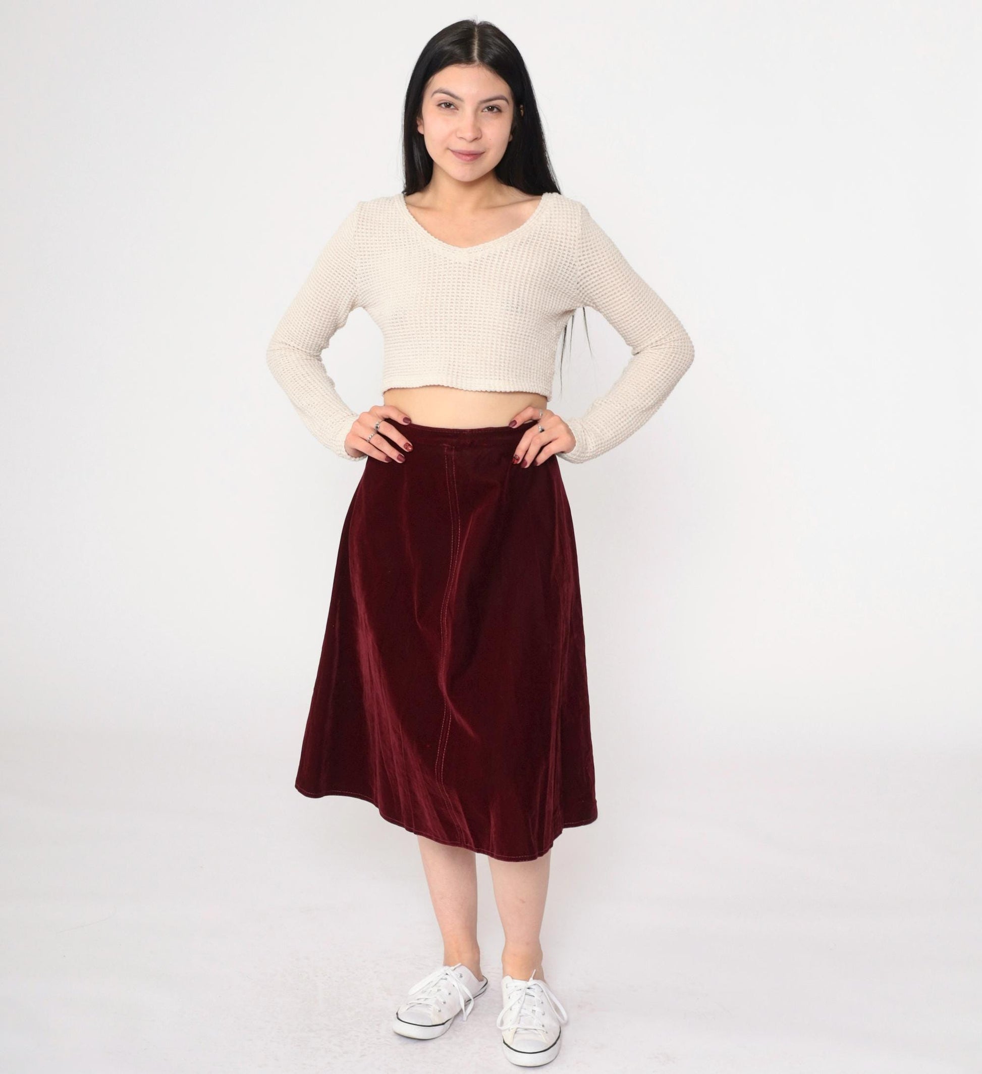 70s Burgundy Velvet Midi Skirt A-Line High Waisted Small