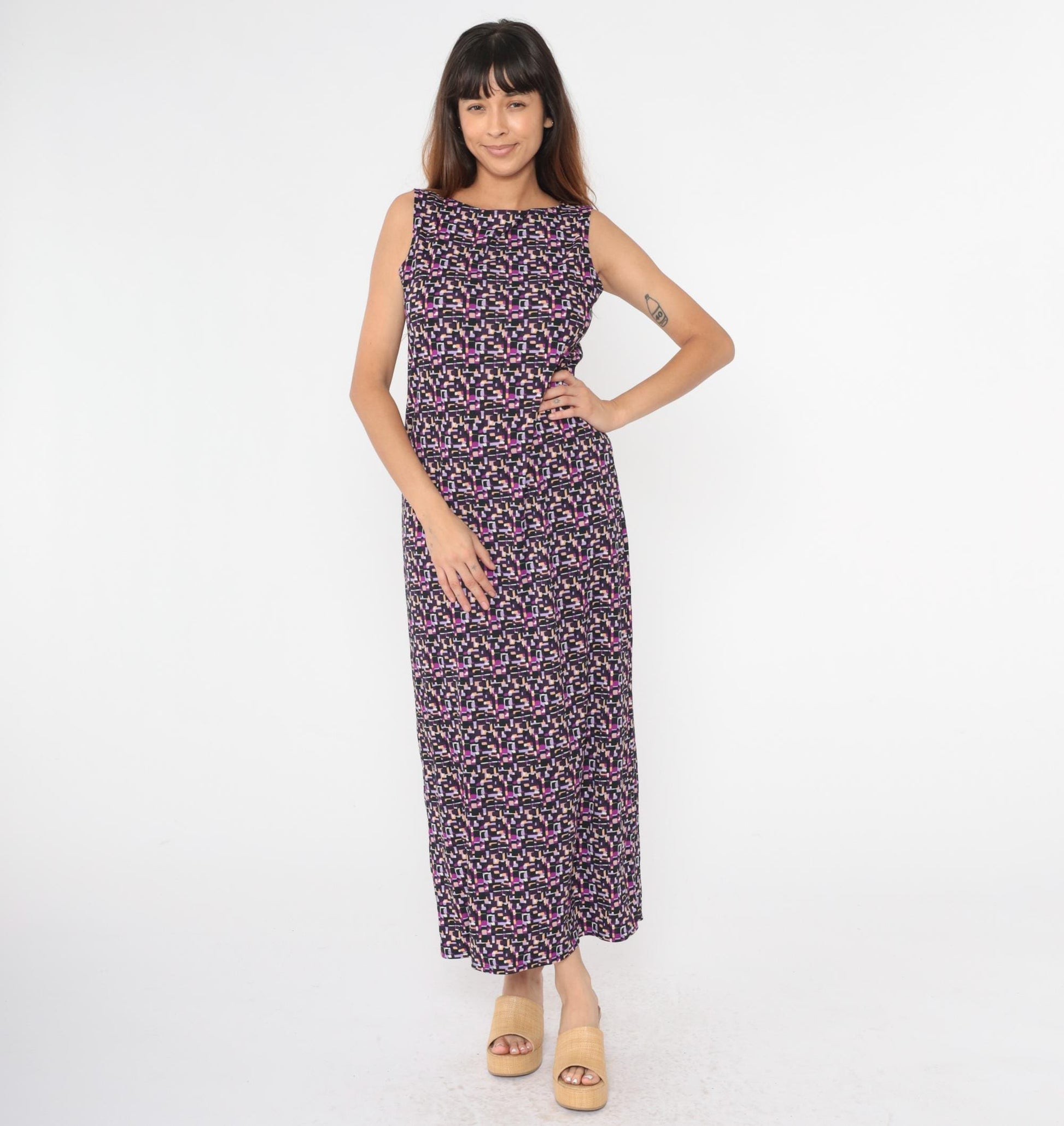 90s Purple Geometric Maxi Shift Dress Sleeveless Medium