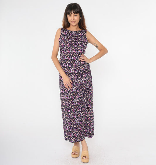 90s Purple Geometric Maxi Shift Dress Sleeveless Medium
