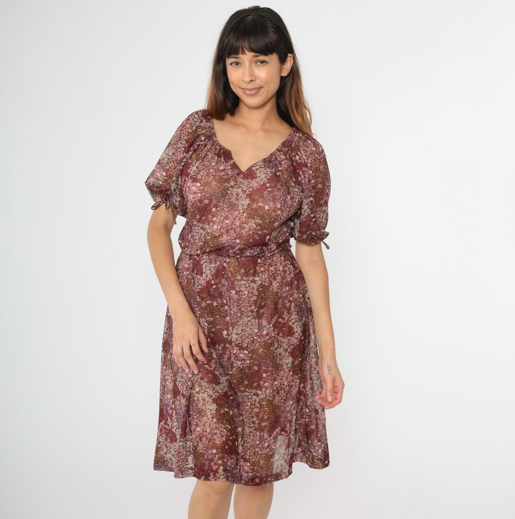 70s Floral Peasant Midi Dress High Waist Puff Sleeve Burgundy Pink Small