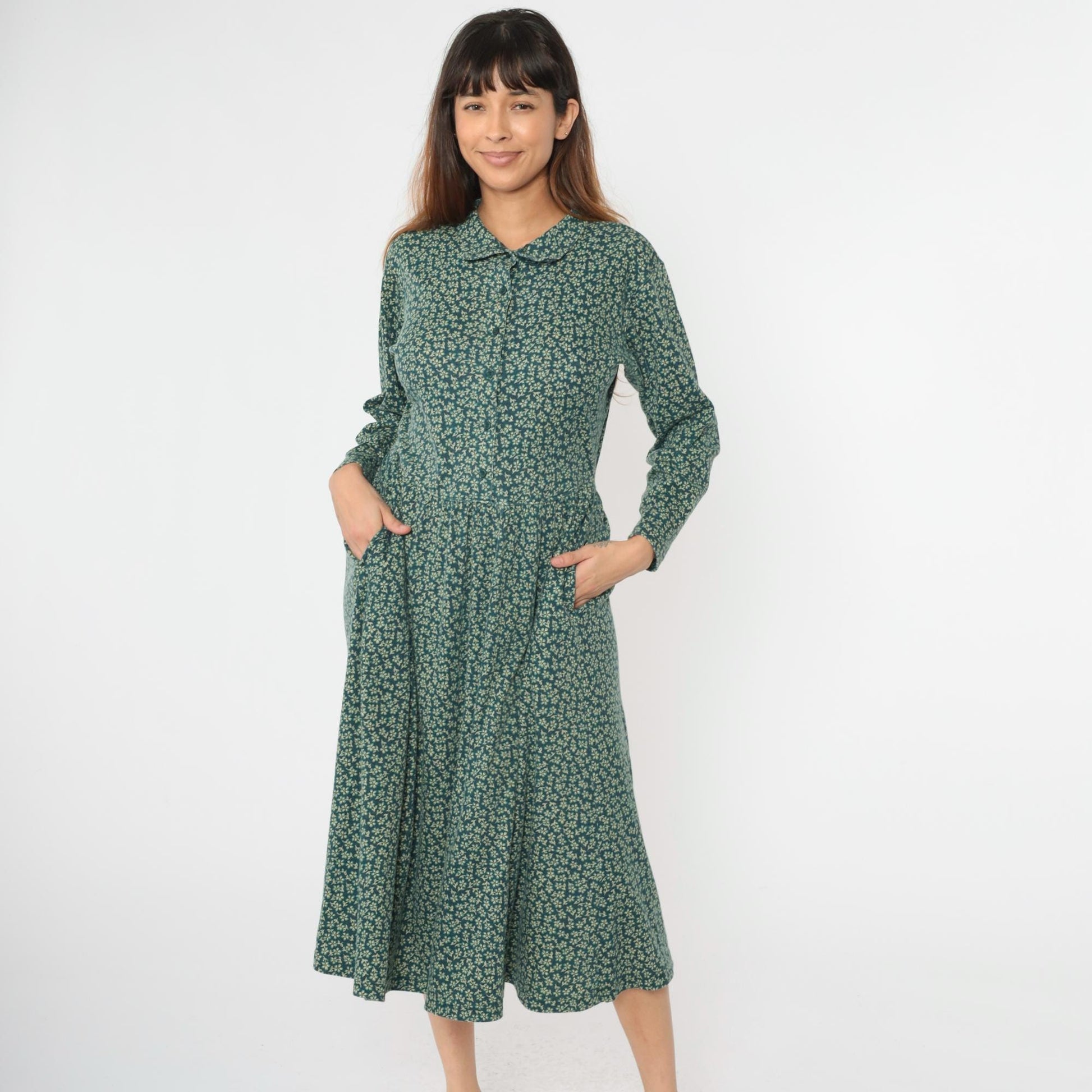 90s L.L. Bean Floral Midi Shirt Dress Green Medium – Shopexile