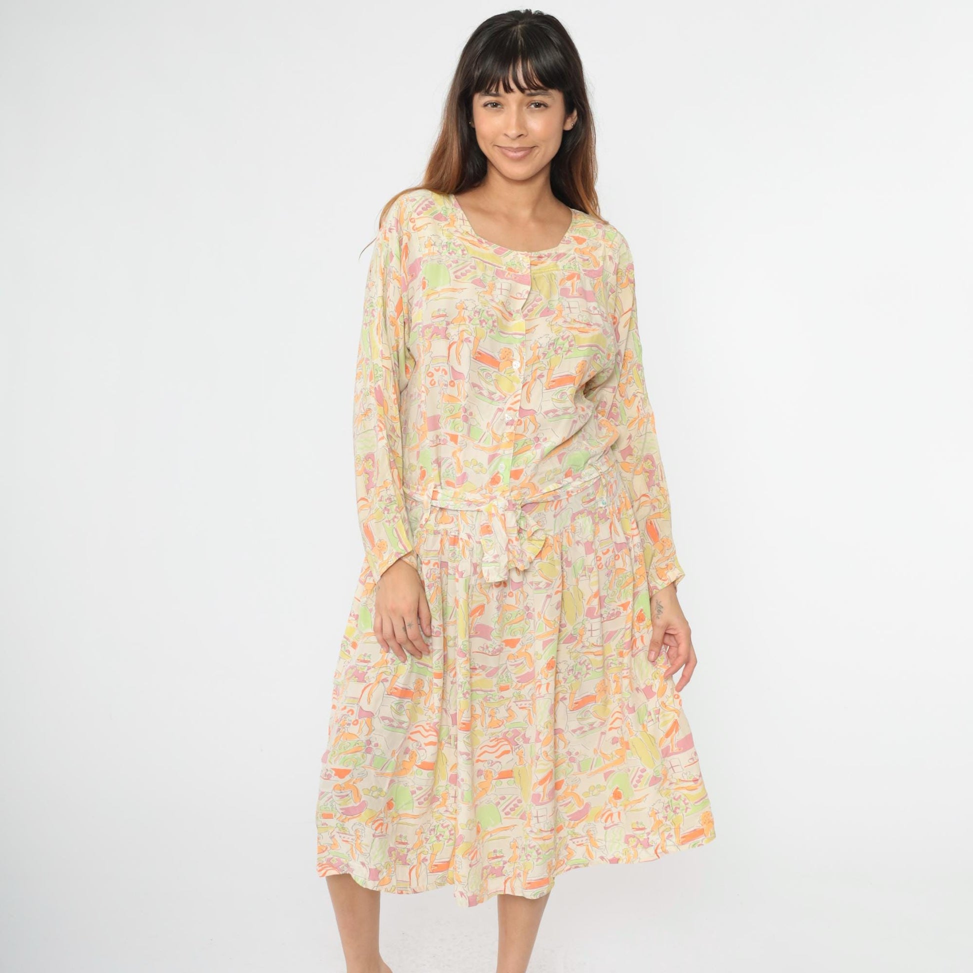 90s Hyper New York Silk Midi Dress Abstract People Print Pastel Medium M