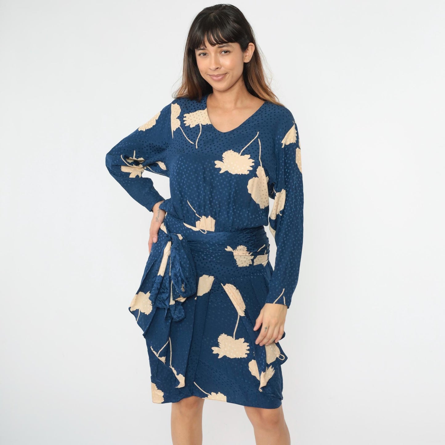 80s Liancarlo Per Cache Silk Midi Dress Navy Floral Peplum Small 4