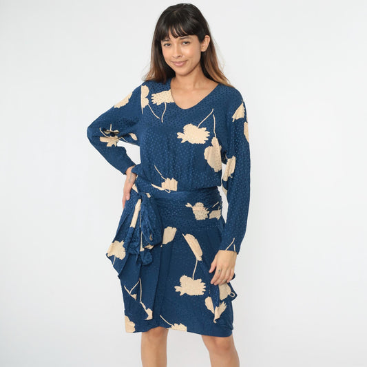 80s Liancarlo Per Cache Silk Midi Dress Navy Floral Peplum Small 4