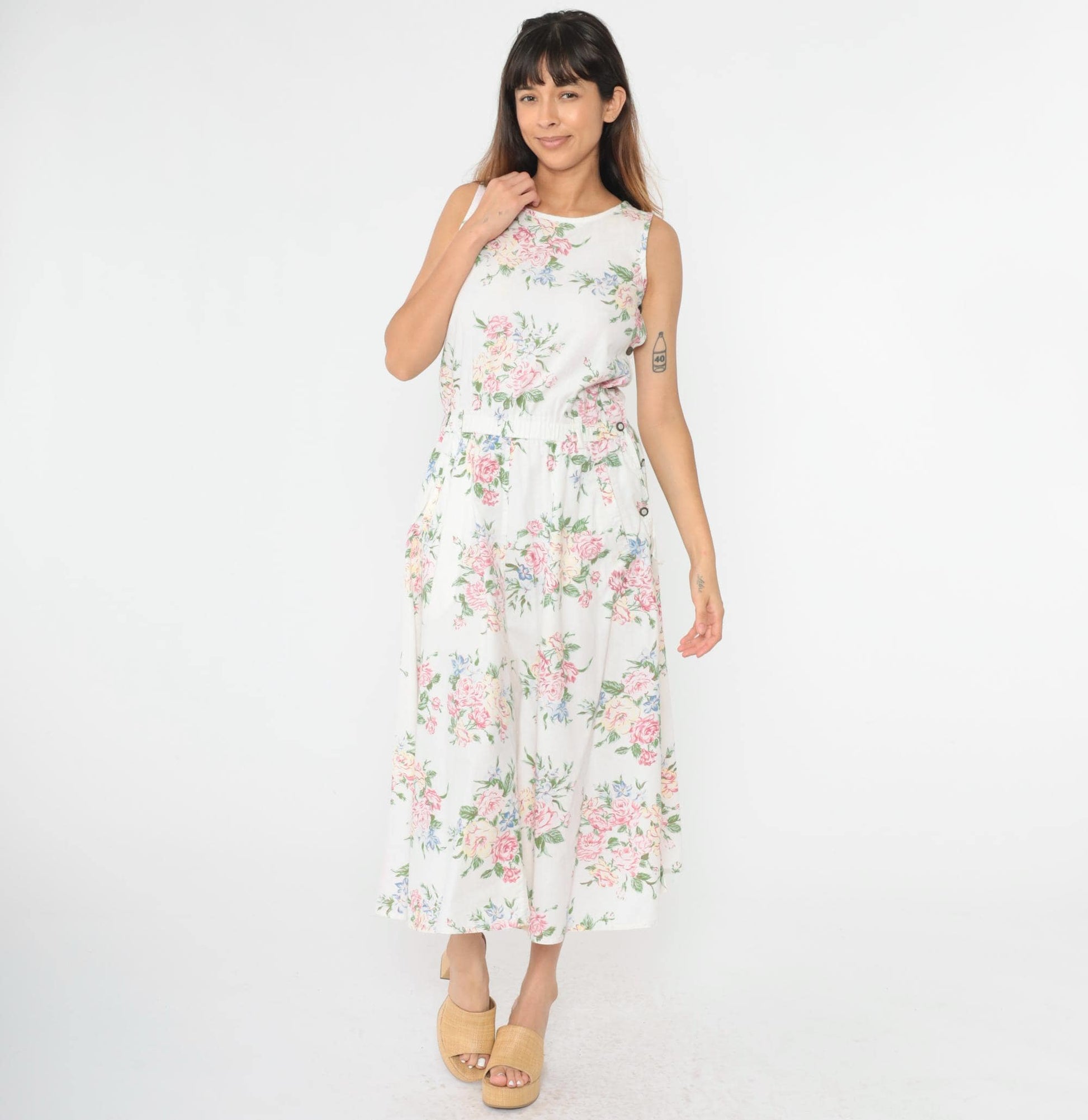 90s Liz Wear Floral Midi Dress White Pastel High Waist Sleeveless Small Petite