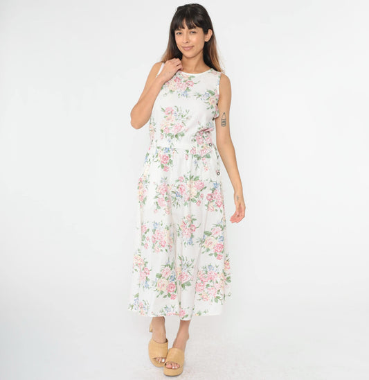 90s Liz Wear Floral Midi Dress White Pastel High Waist Sleeveless Small Petite