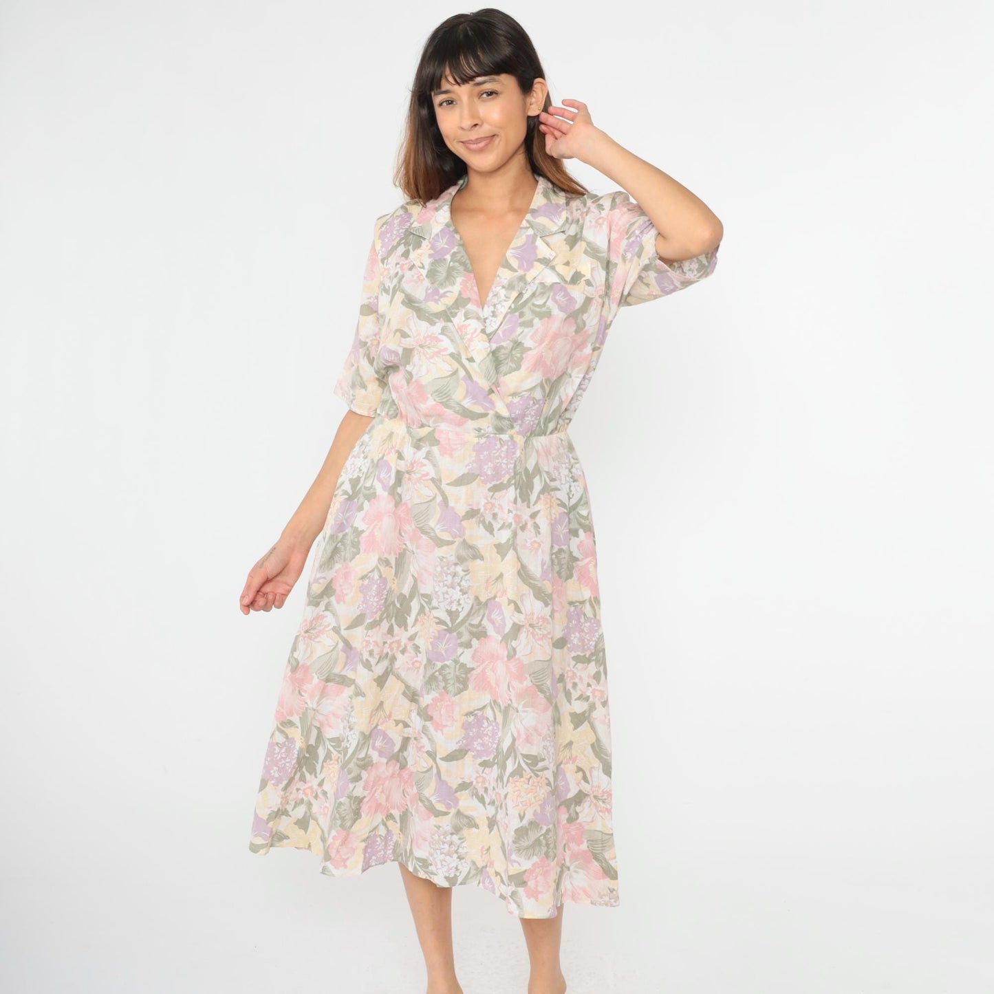 80s Floral Midi Dress High Waisted V Neck Short Sleeve Faux Wrap Medium