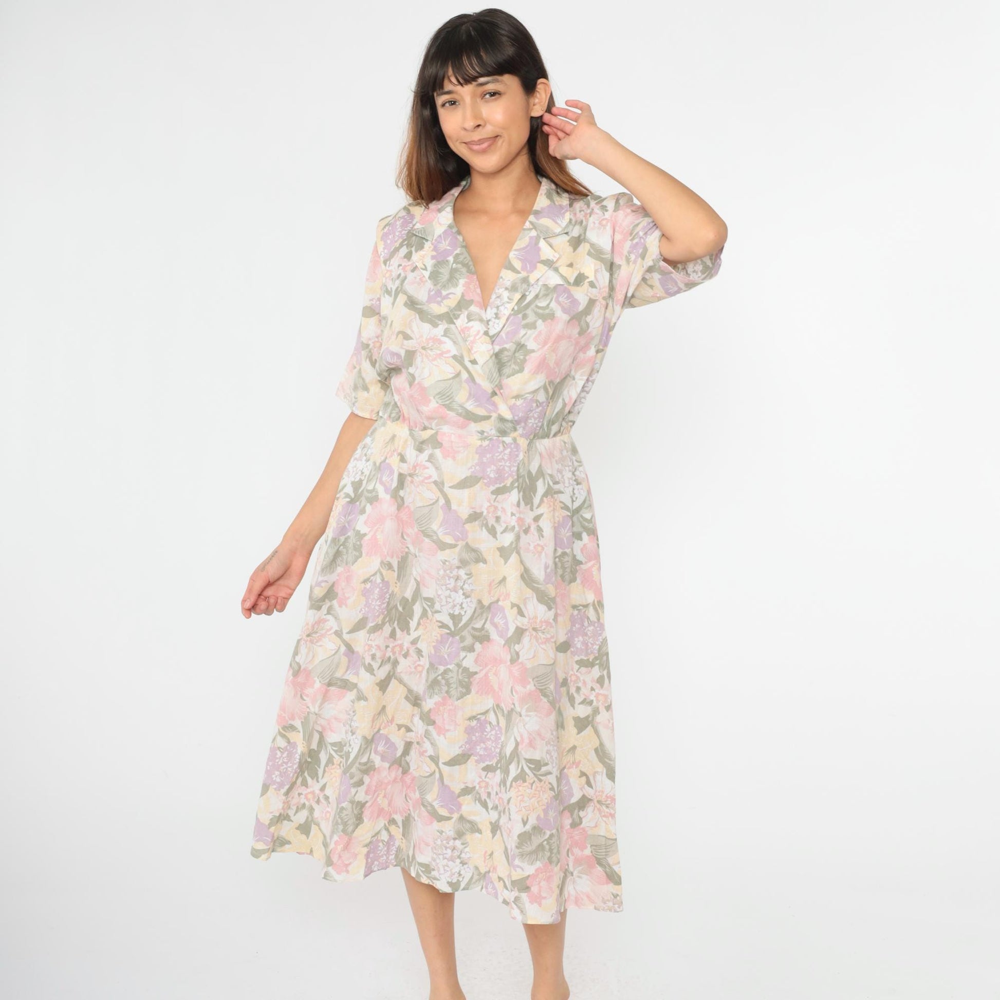 80s Floral Midi Dress High Waisted V Neck Short Sleeve Faux Wrap Medium