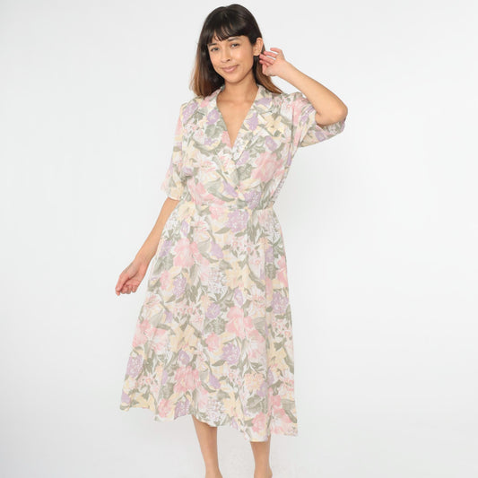 80s Floral Midi Dress High Waisted V Neck Short Sleeve Faux Wrap Medium