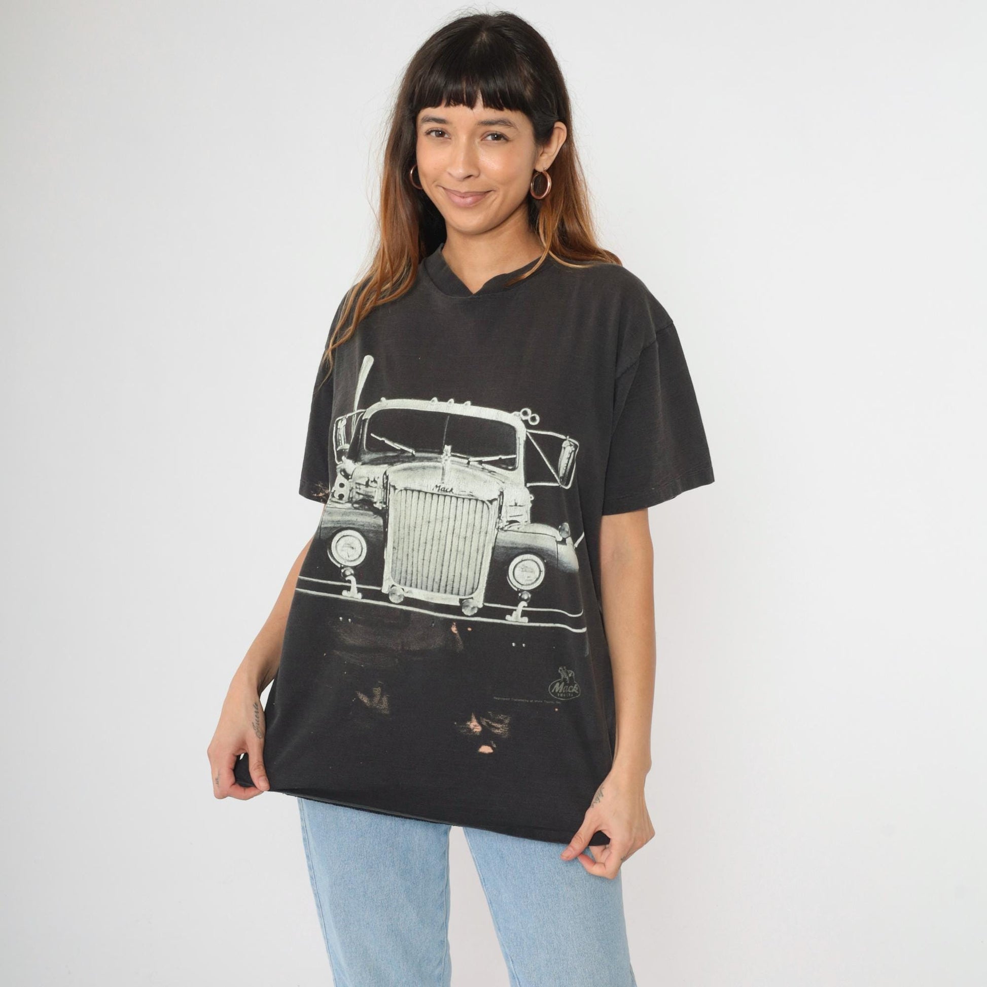 90s Mack Truck Graphic T-Shirt Distressed Black Cotton Tee Extra Large XL