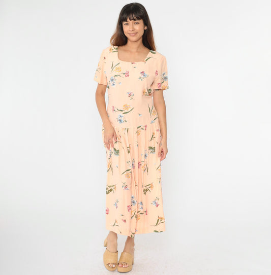 90s Talbots Peach Floral Maxi Dress Drop Waist Pleated Button Back Large