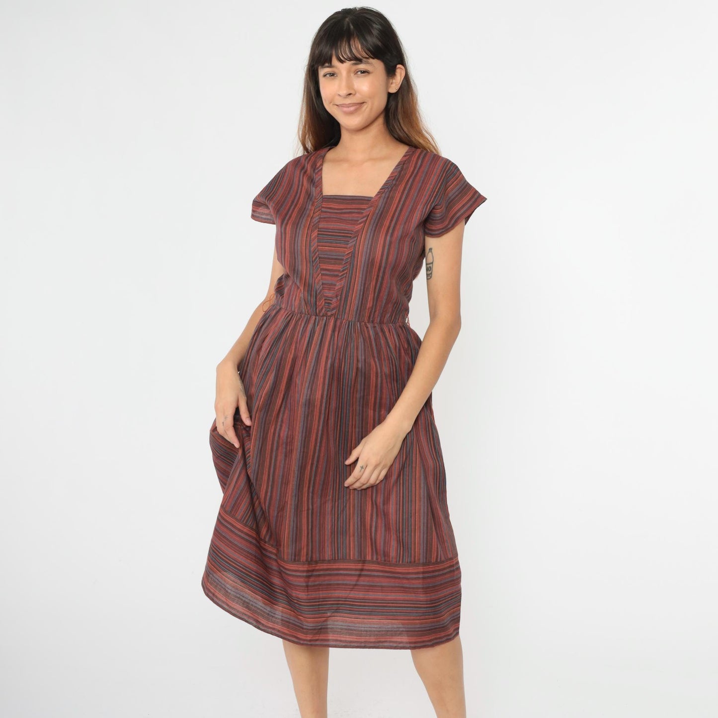 80s Multicolor Striped Midi Dress Keyhole Back Square Neck Cap Sleeve Medium