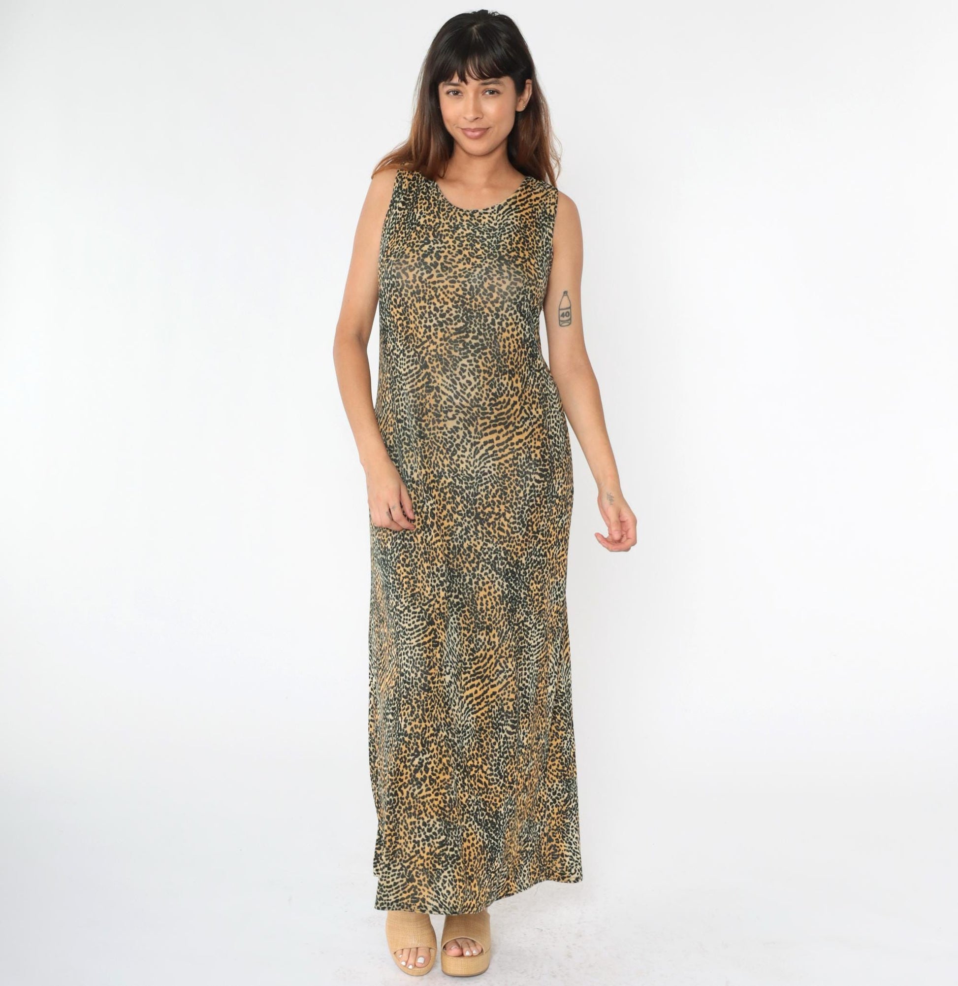 90s Kathie Lee Leopard Print Maxi Dress Sleeveless Column Medium
