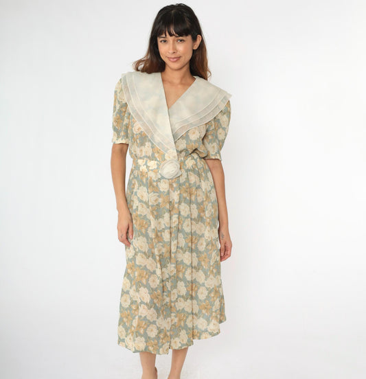 90s Leslie Fay Floral Midi Wrap Dress Puff Sleeve Shawl Collar Medium