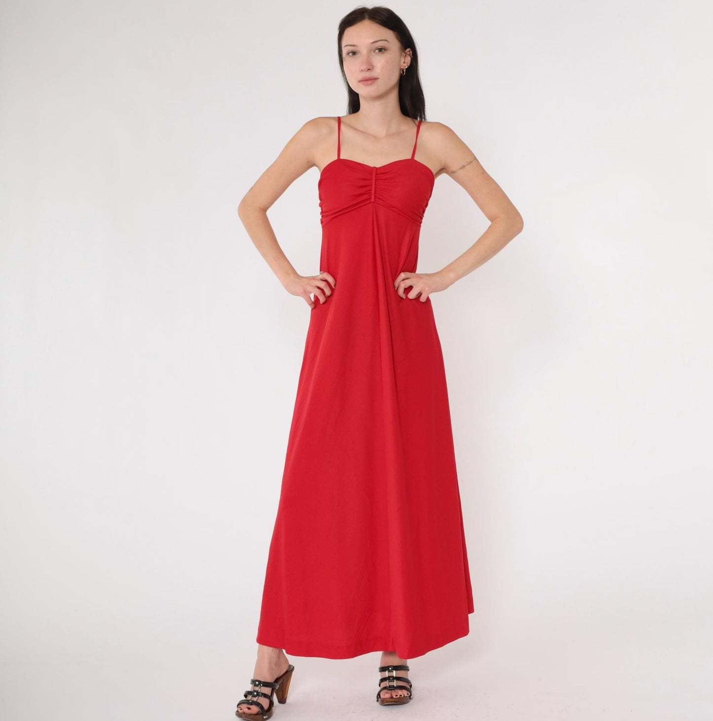 70s Red Maxi Dress Empire Waist Spaghetti Strap Gathered Bodice Extra Small