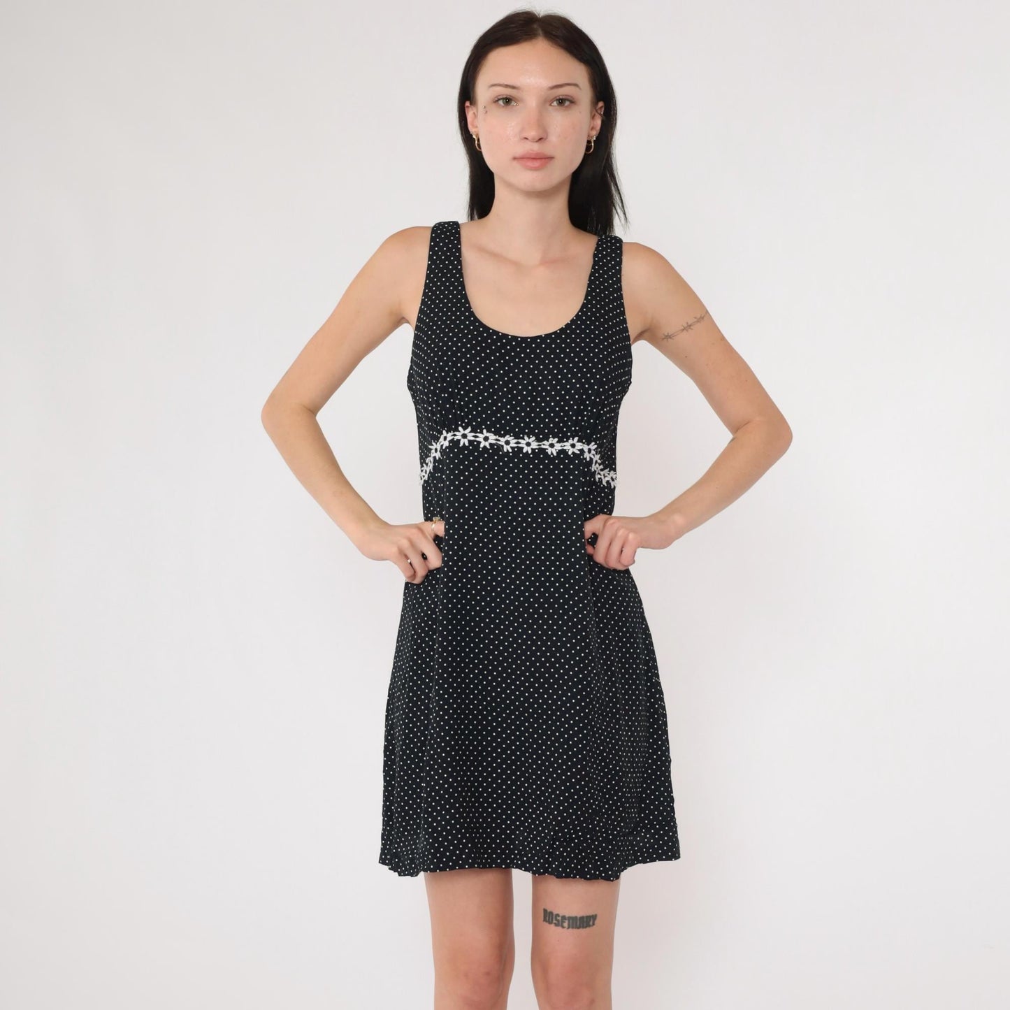 90s Black and White Polka Dot Mini Dress Empire Waist Daisy Trim Small