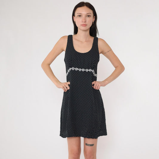 90s Black and White Polka Dot Mini Dress Empire Waist Daisy Trim Small