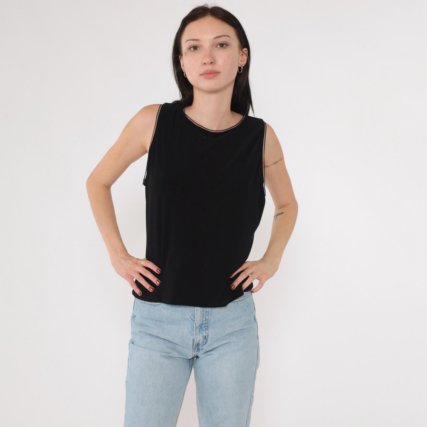 90s Joseph Ribkoff Black Camisole Tank Top Sheer Trim Size 16