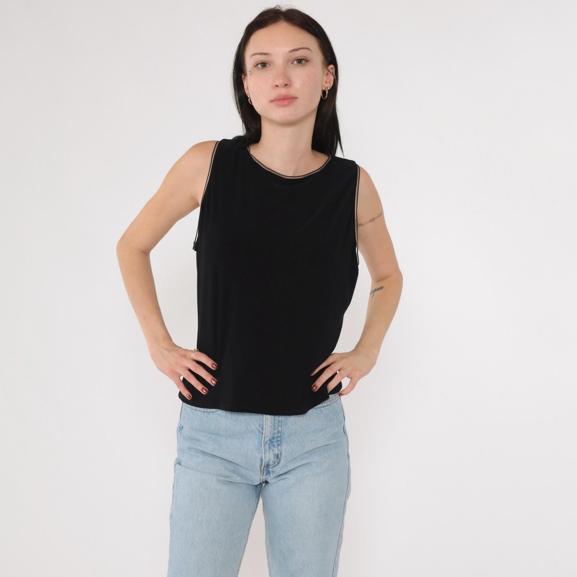 90s Joseph Ribkoff Black Camisole Tank Top Sheer Trim Size 16