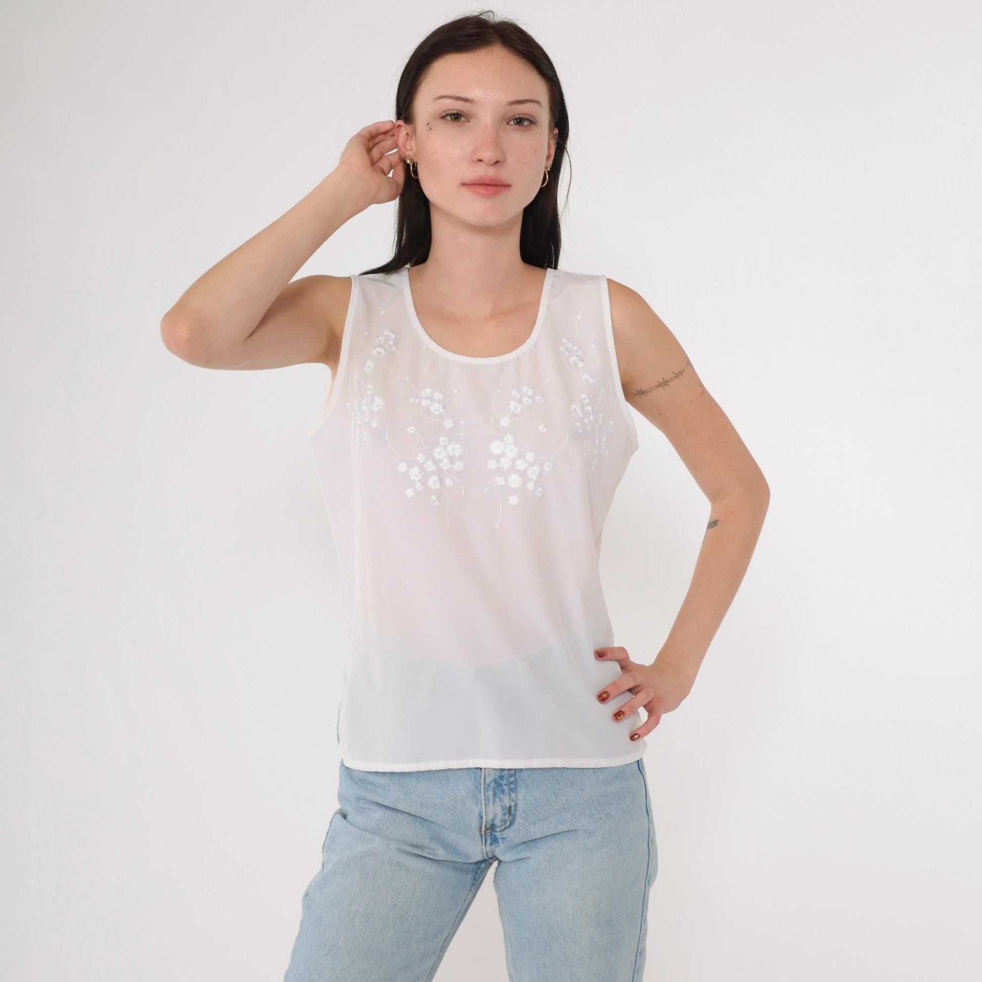 90s Yves St. Clair White Floral Embroidered Tank Top Scoop Neck Petite Medium