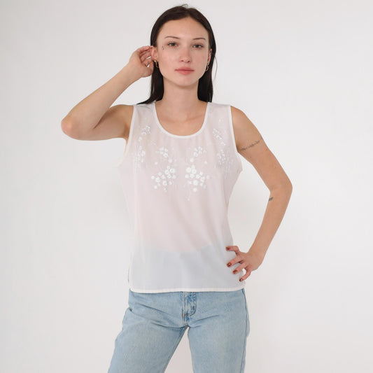 90s Yves St. Clair White Floral Embroidered Tank Top Scoop Neck Petite Medium