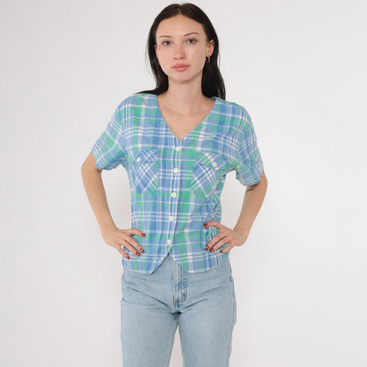 90s Blue Green Checkered Cotton Button Up Blouse Short Sleeve V Neck Medium