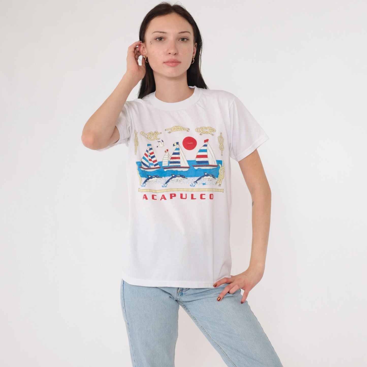 90s Acapulco Mexico Dolphin Nautical Graphic T-Shirt White Medium