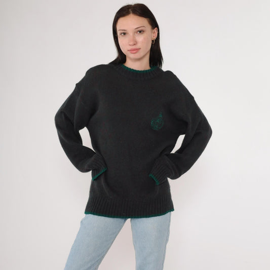 90s Hunting Horn Classics Shetland Wool Sweater Flecked Red Green Crest Medium