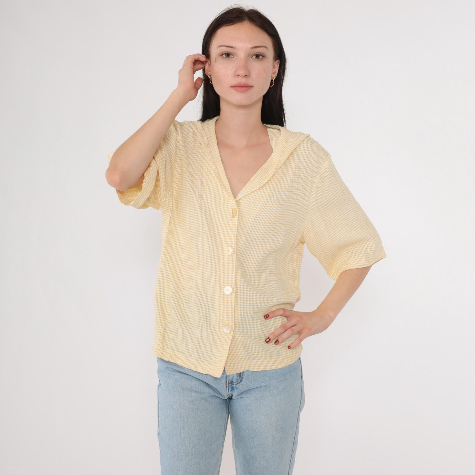 90s Yellow Gingham Sailor Collar Button-Up Blouse Half Sleeve Medium