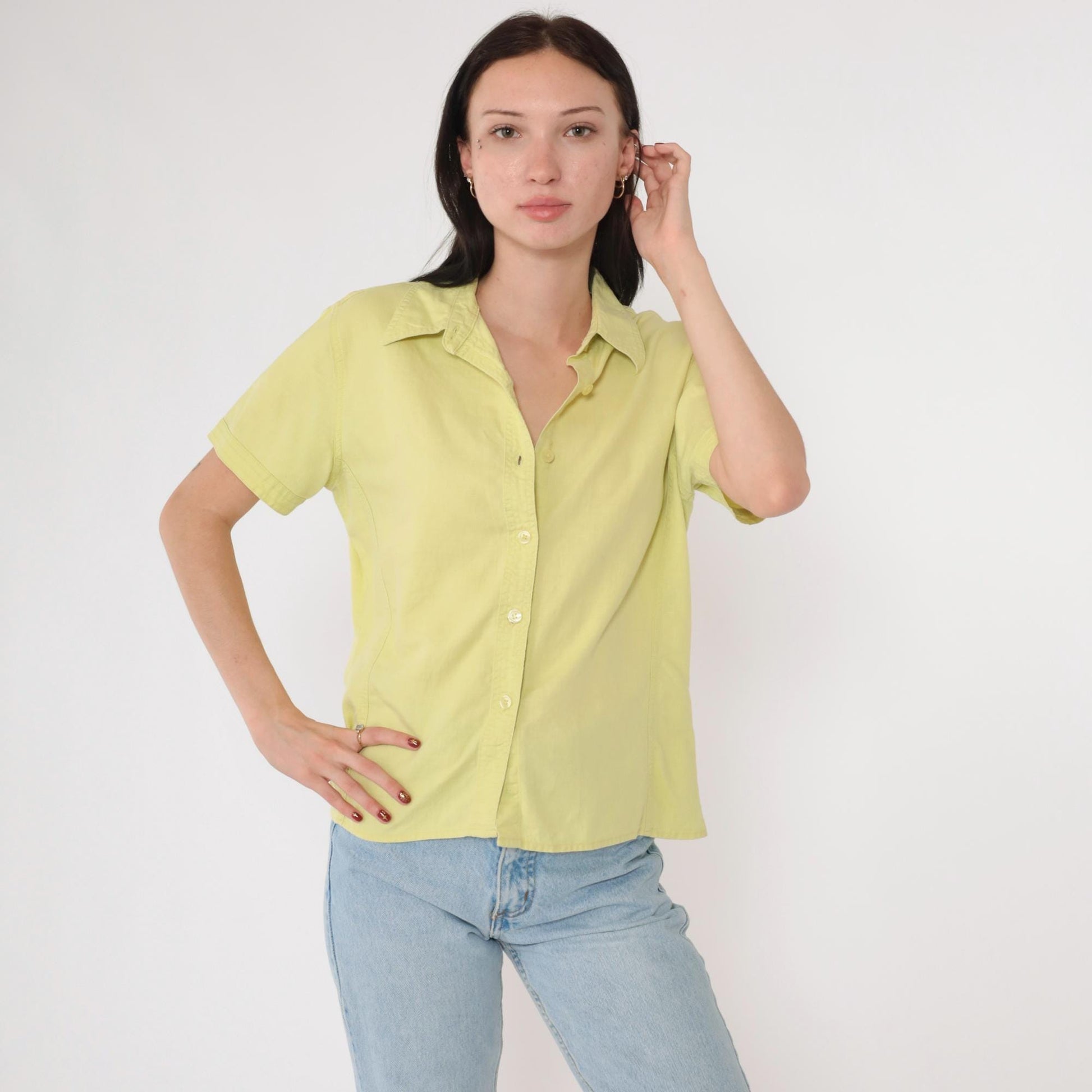 90s Bill Blass Lime Green Linen Blend Button-Up Blouse Short Sleeve Medium