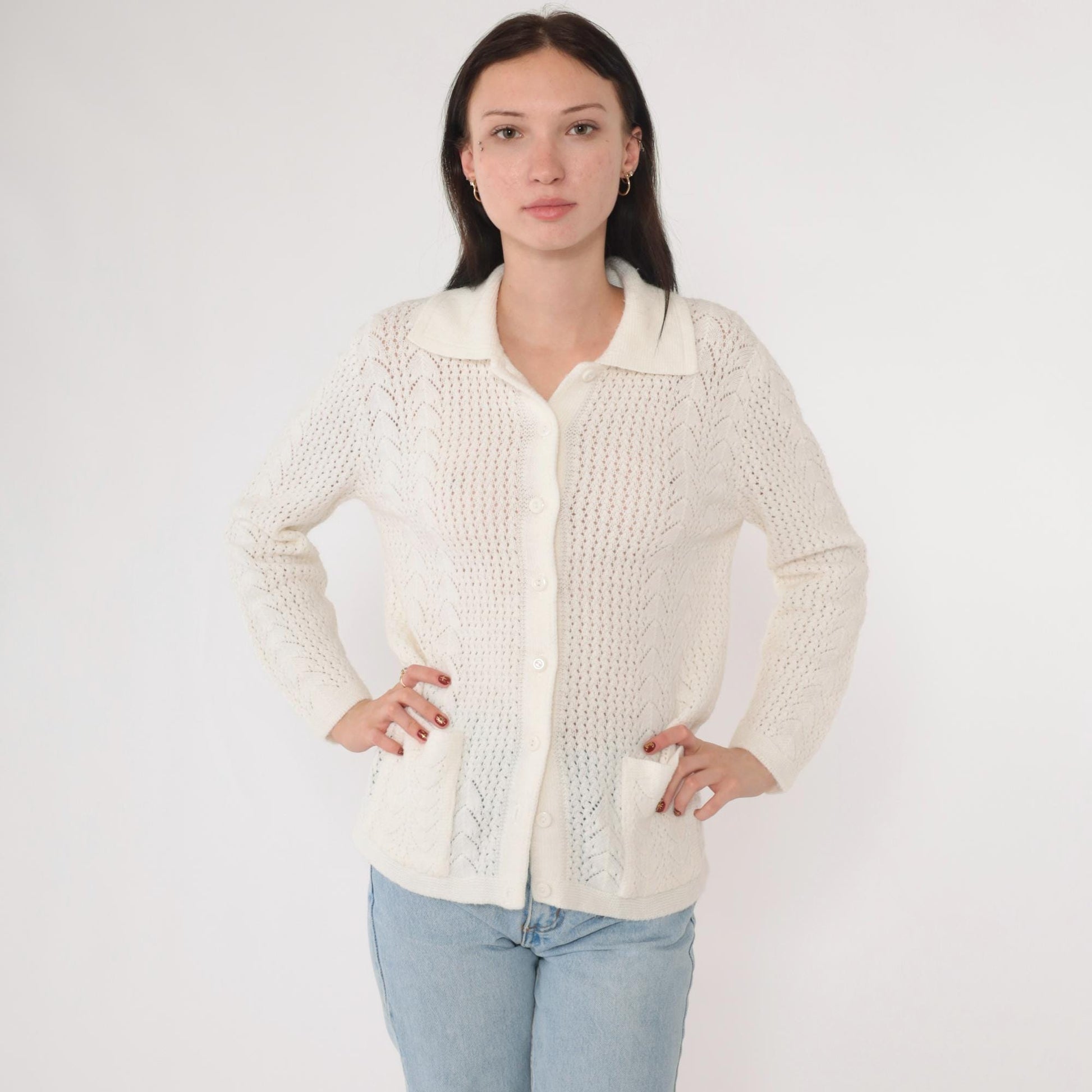 70s White Pointelle Open Weave Cardigan Button Up Knit Medium