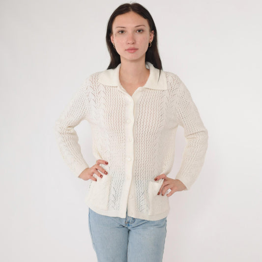 70s White Pointelle Open Weave Cardigan Button Up Knit Medium