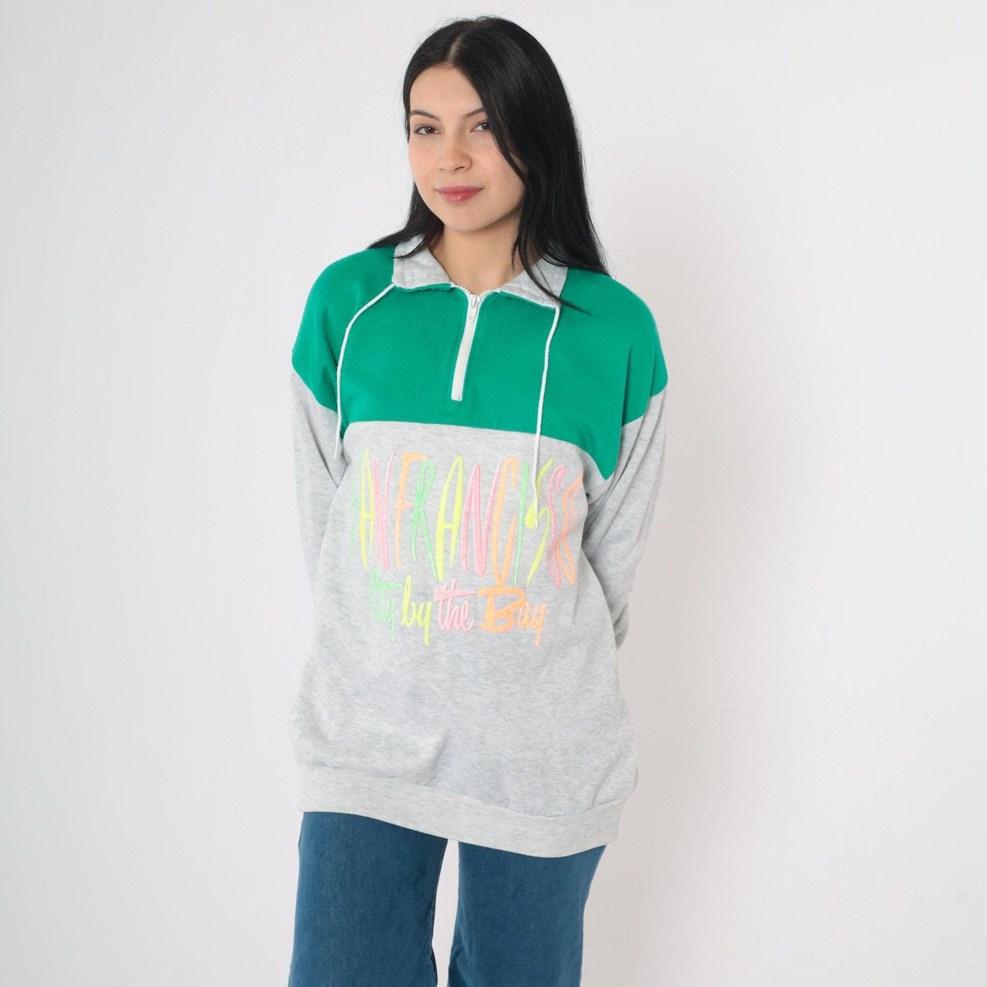 80s San Francisco Color Block Sweatshirt Half Zip Neon Graphic Medium Large