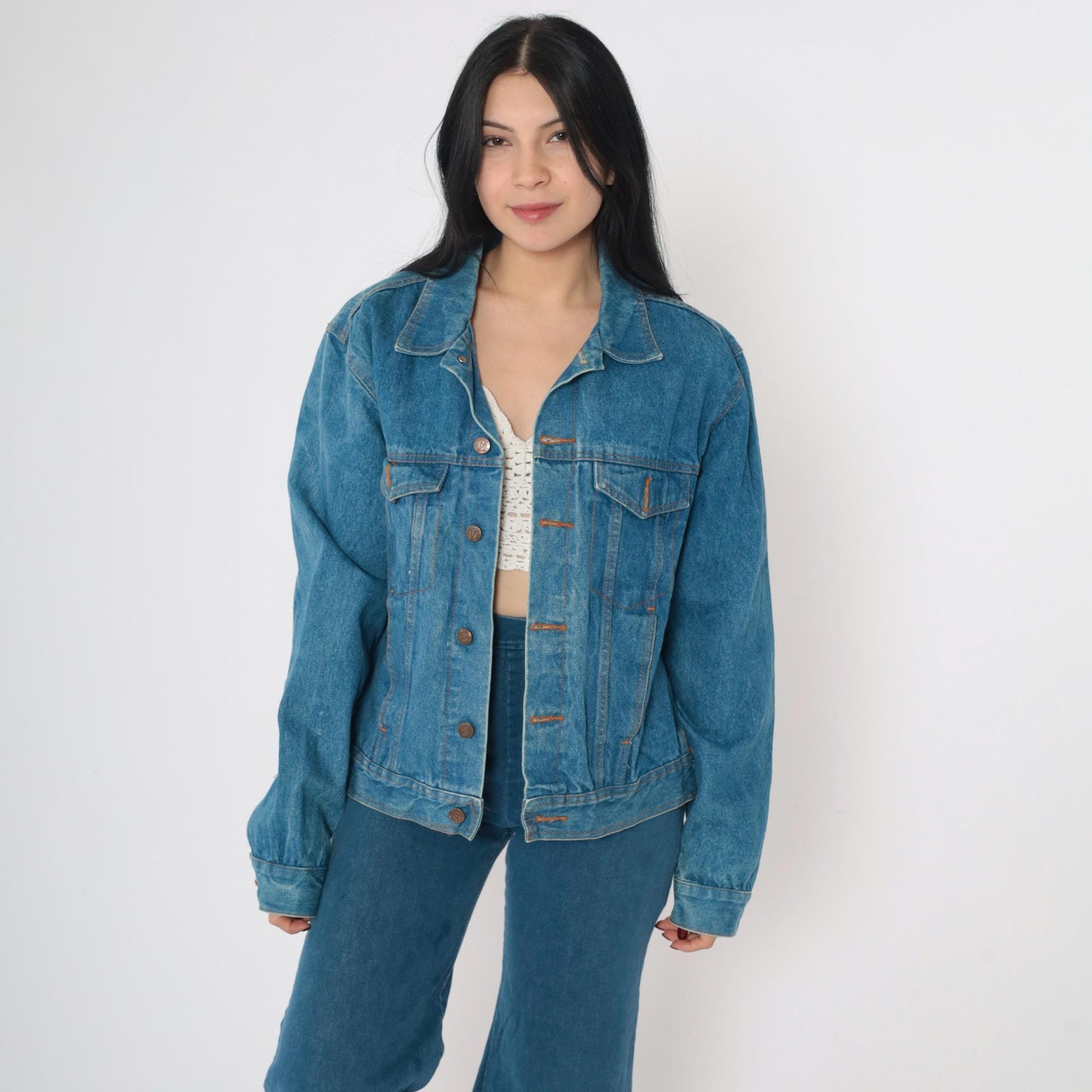 90s Blue Denim Jacket Button-Up Cotton Medium M
