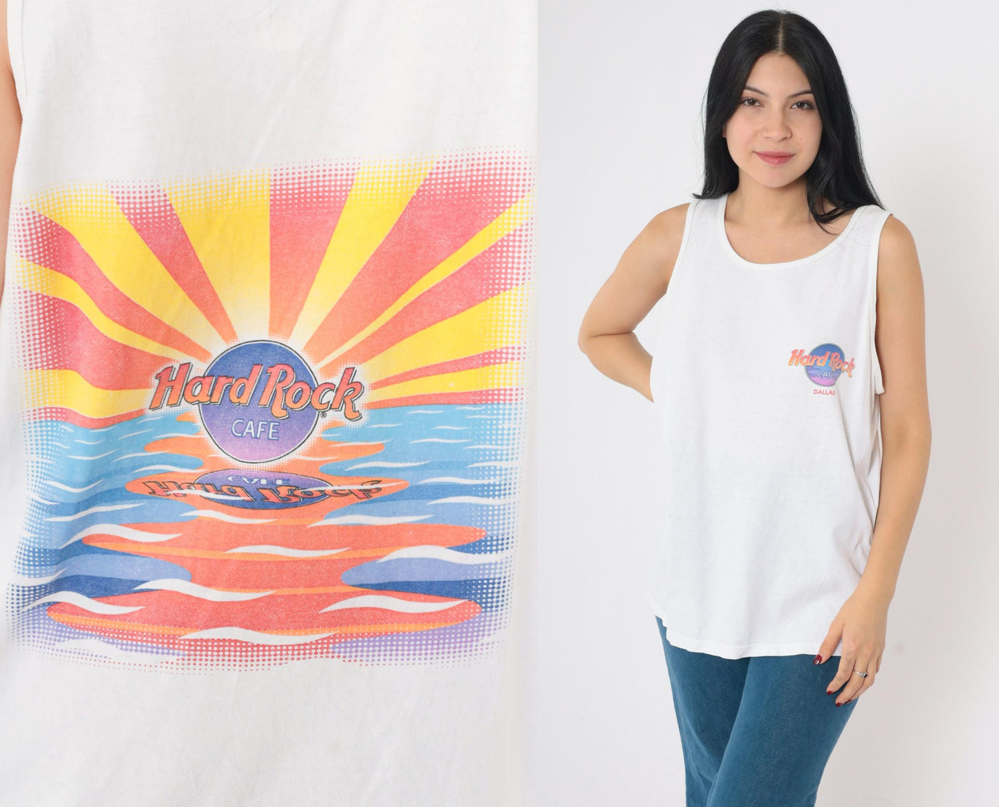 90s Hard Rock Cafe Dallas Texas Tank Top Sunset Graphic Cotton Medium