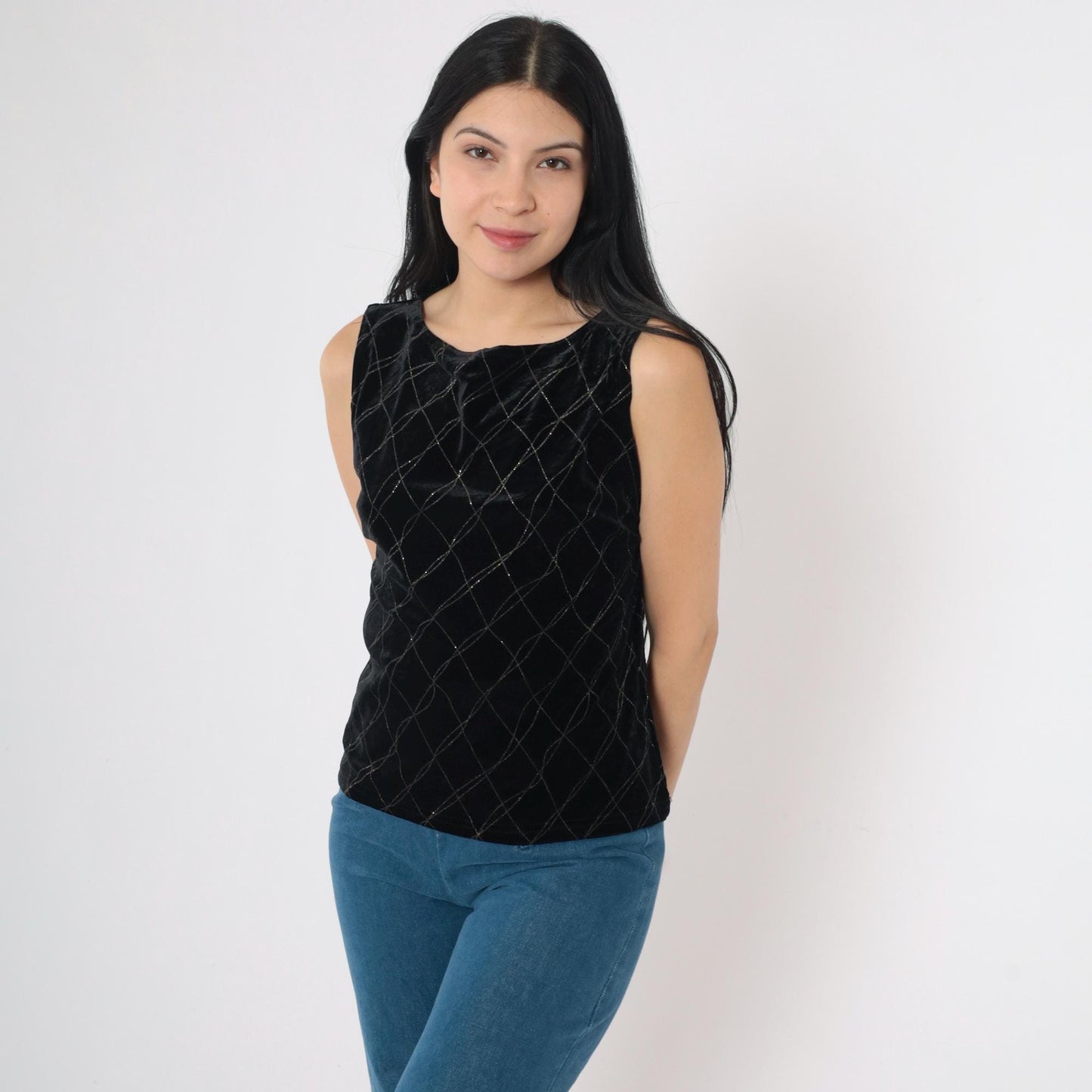 90s Black Velvet Tank Top Checkered Sparkly Glitter Sleeveless Small