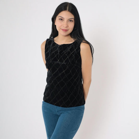 90s Black Velvet Tank Top Checkered Sparkly Glitter Sleeveless Small