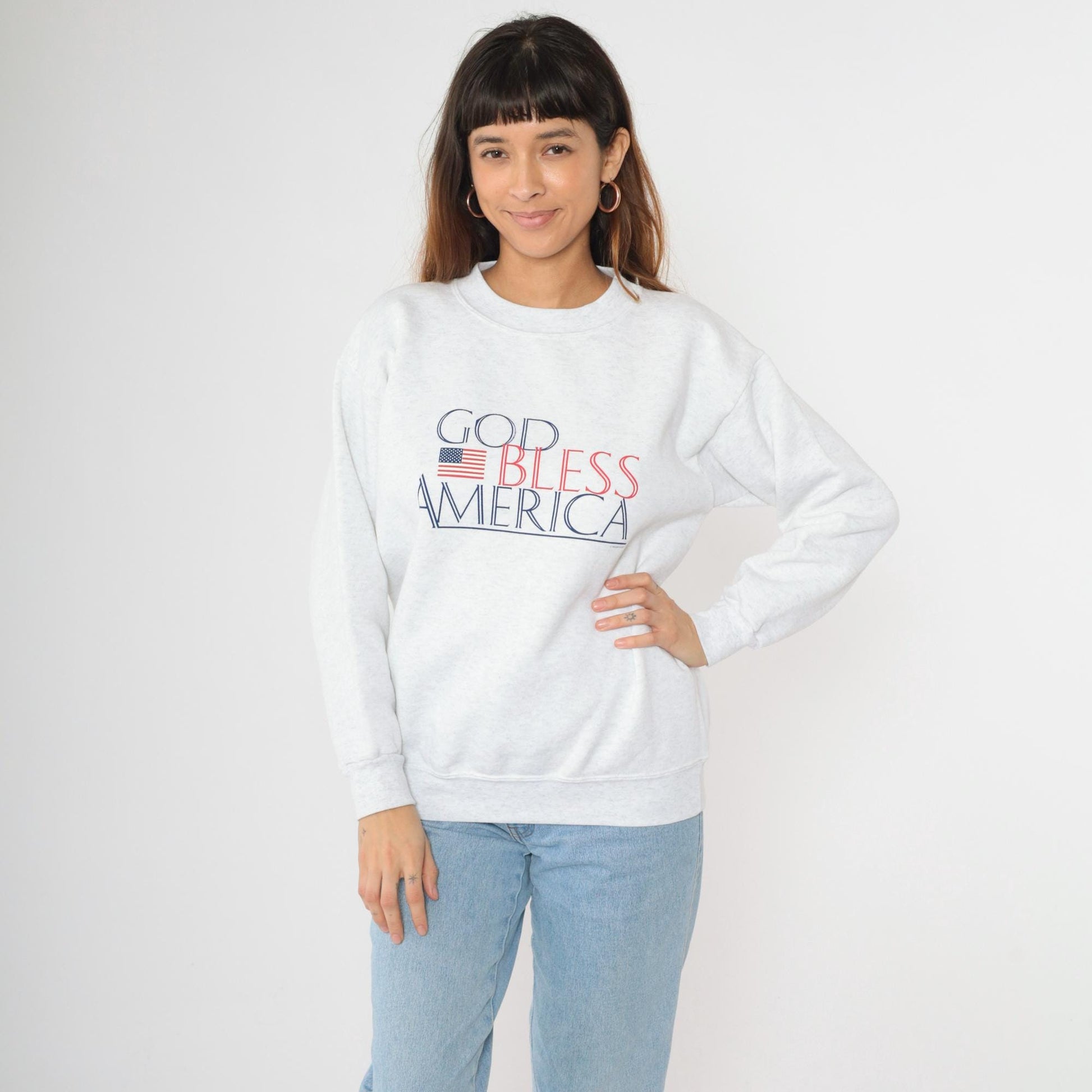 90s God Bless America Sweatshirt Heather Grey Graphic Crewneck Large