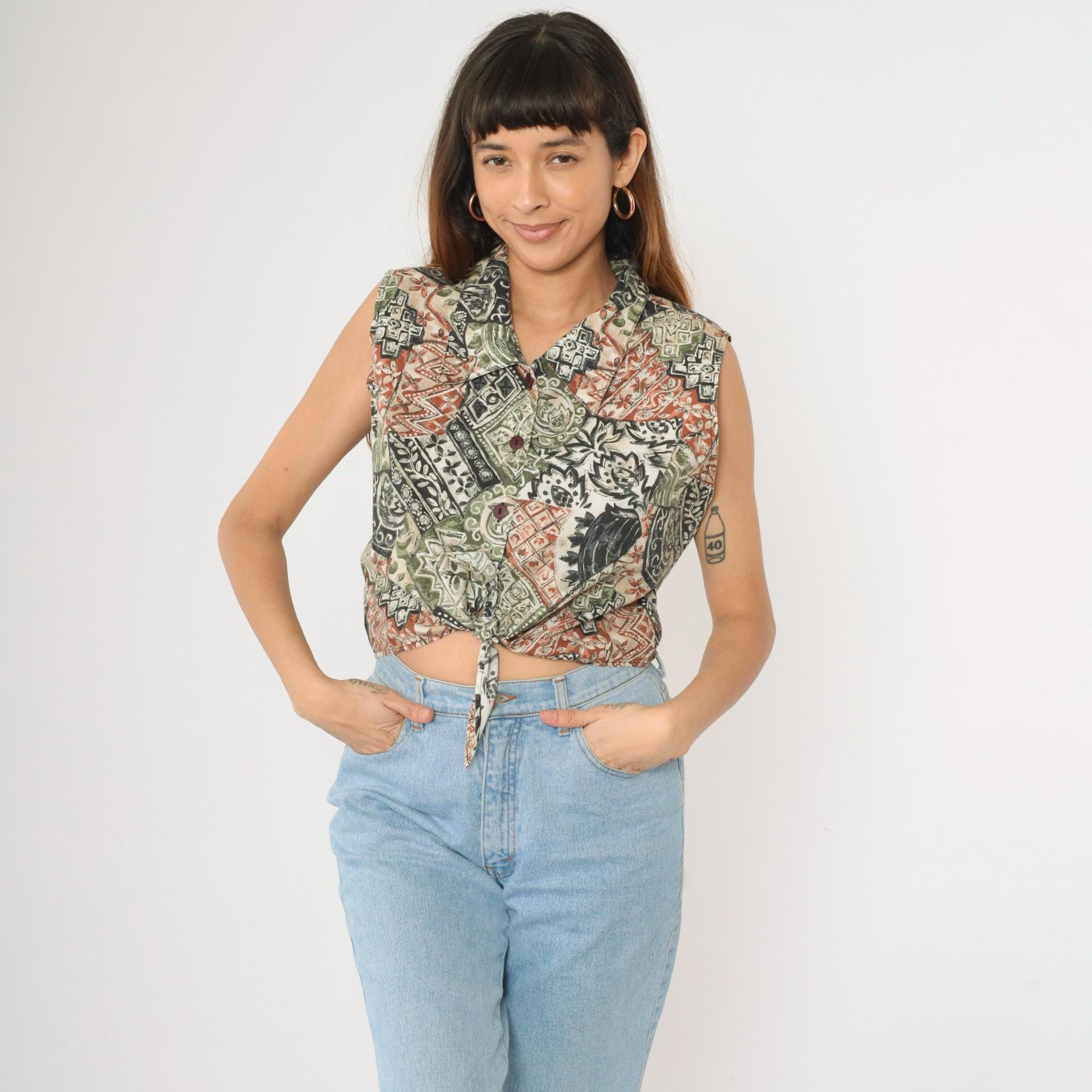 90s Bonjour Patchwork Floral Crop Top Sleeveless Button-Up Blouse Green Extra Large