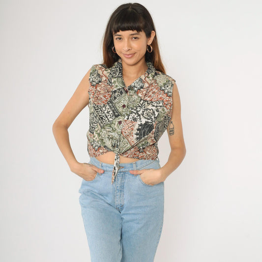 90s Bonjour Patchwork Floral Crop Top Sleeveless Button-Up Blouse Green Extra Large