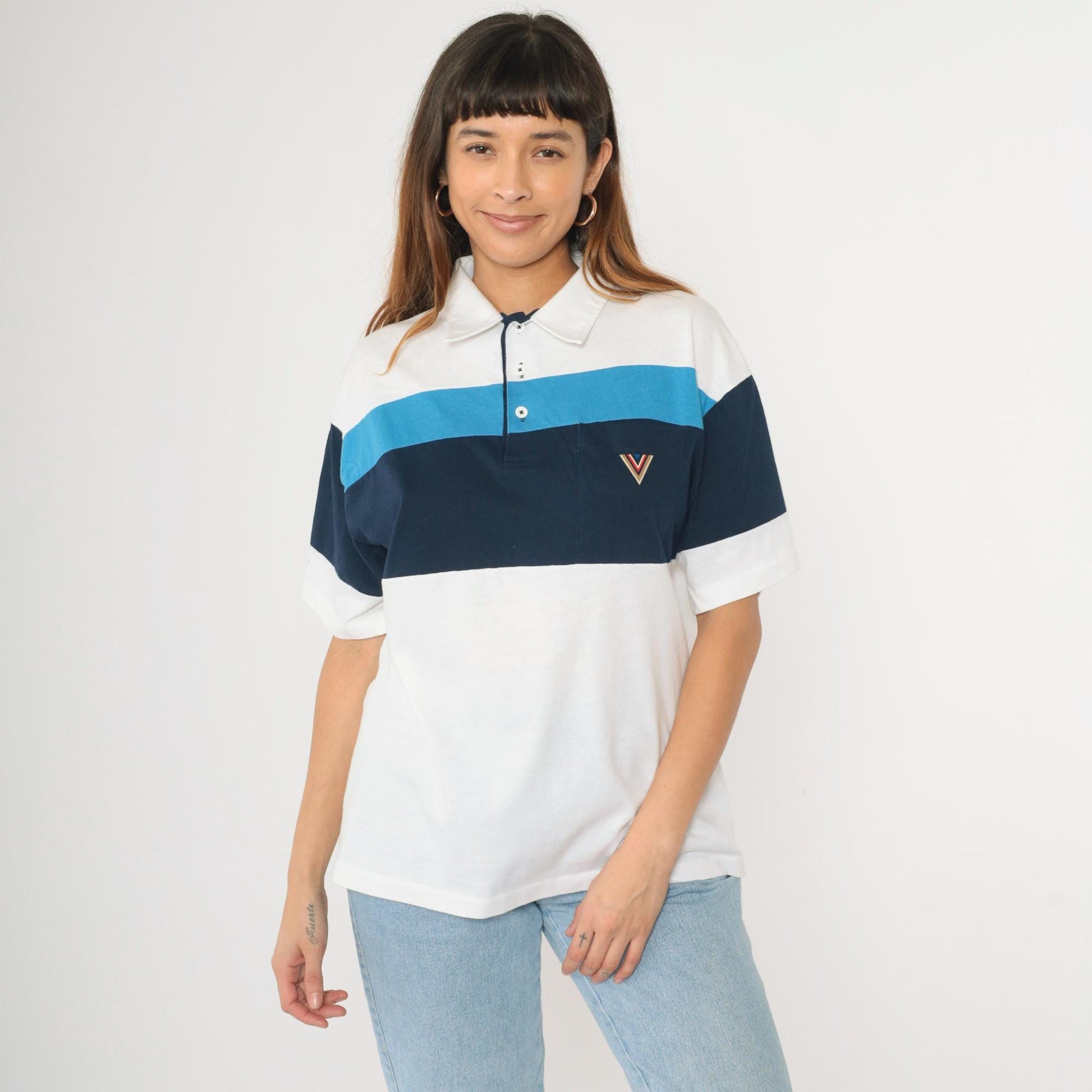 80s J. Blair Striped Polo Shirt White Navy Quarter Button Collared Large L