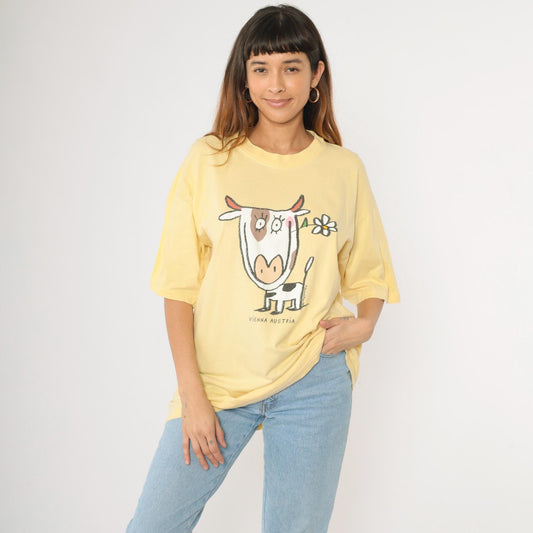 90s Vienna Austria Cow Graphic Tee Yellow Cotton T-Shirt Extra Large XL