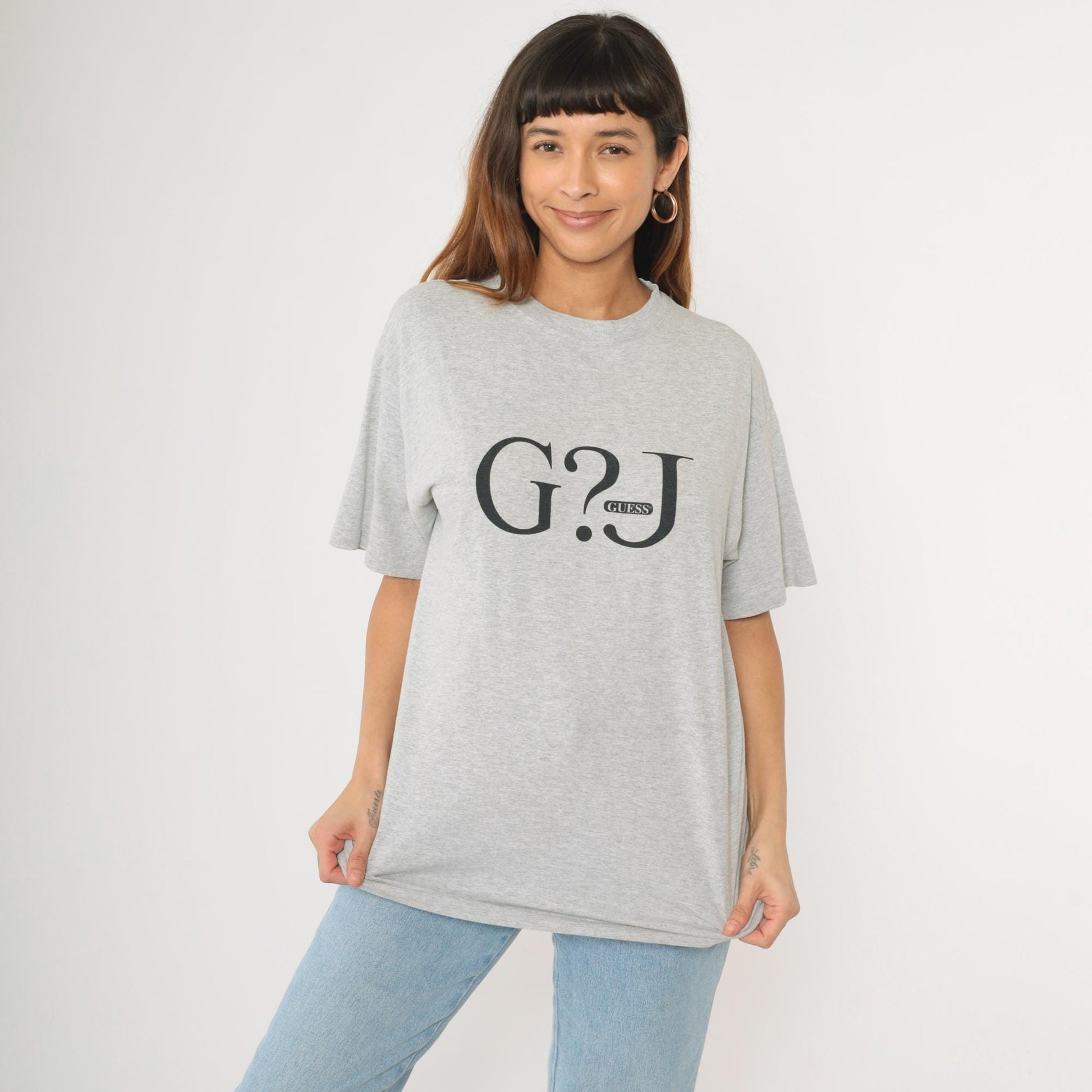 90s Guess Jeans Logo T-Shirt Heather Grey Spellout Graphic Medium M