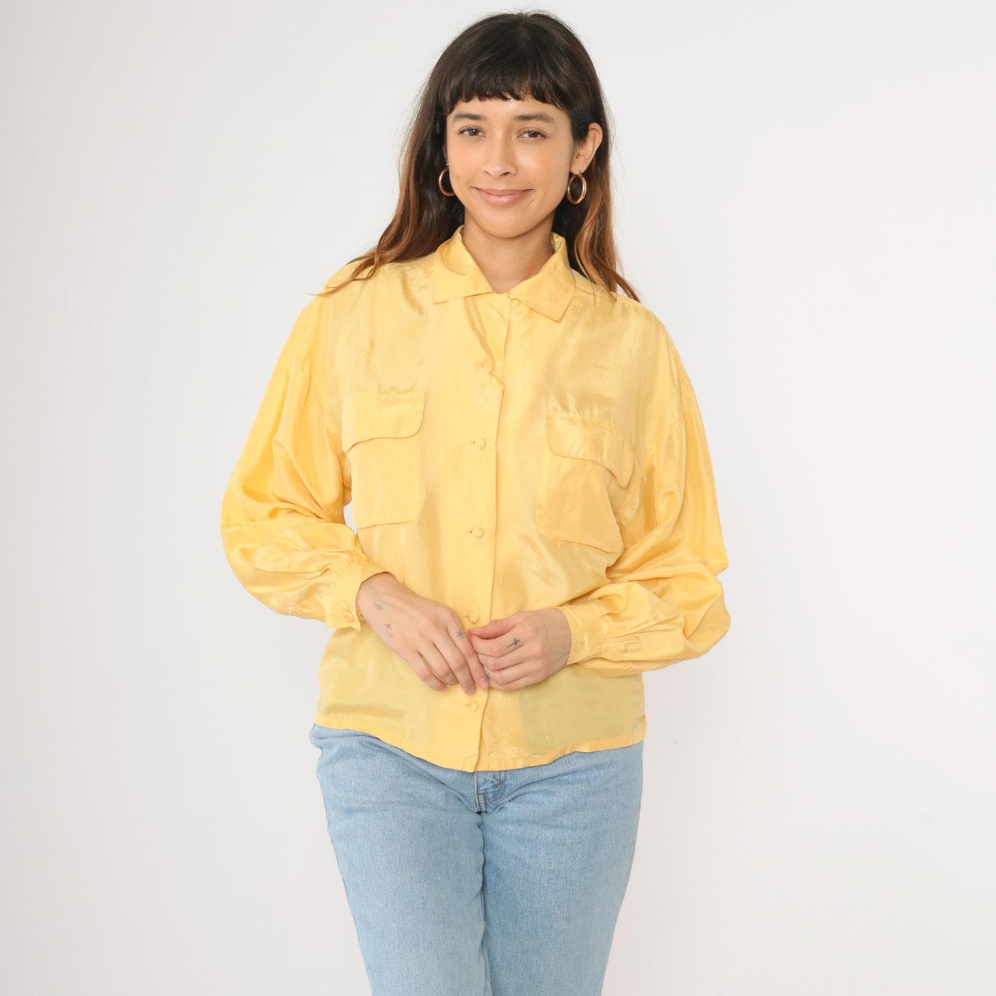 90s Ivy Club Classics Yellow Silk Button-Up Blouse Long Sleeve Small S